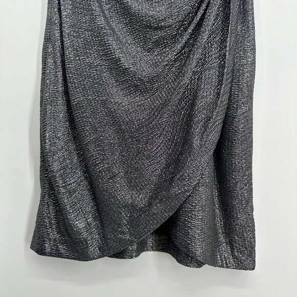 3/$25 Maggy London Cocktail Dress 4 Faux Wrap Metallic Embellished Broch Black - Picture 5 of 9